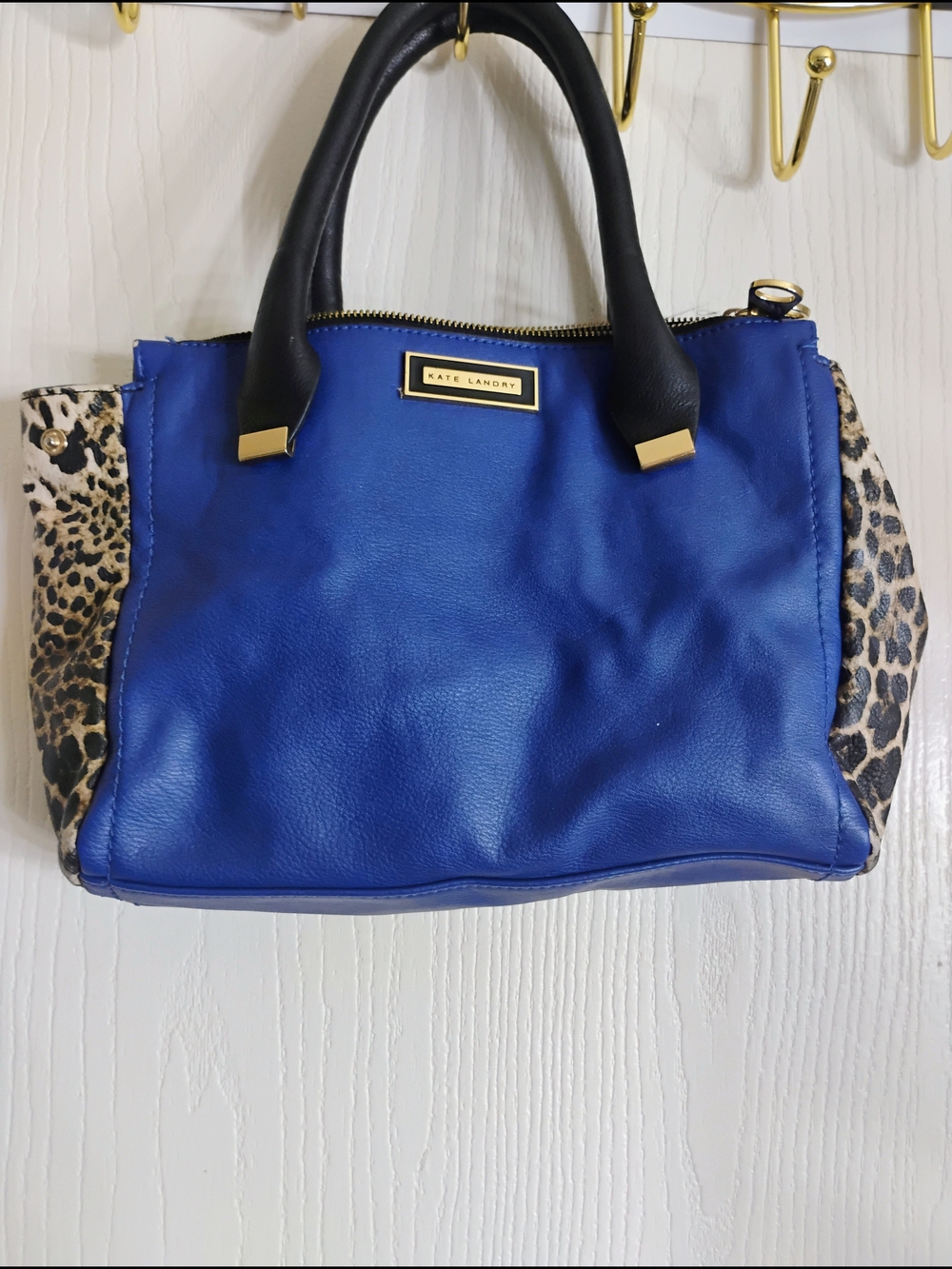 Kate Landry Blue Leather Satchel with Leopard Accents